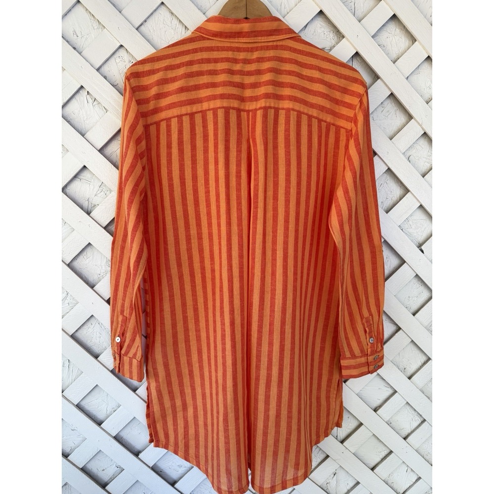 Tahari Linen Blend Striped Long Sleeve Tunic Roll-Tab Orange Medium Boho Chic M - Picture 2 of 8